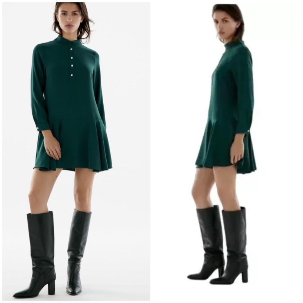 Zara Dress Womens XS Green Mock Neck Long Sleeve Drop Waist Flounce Mod Retro